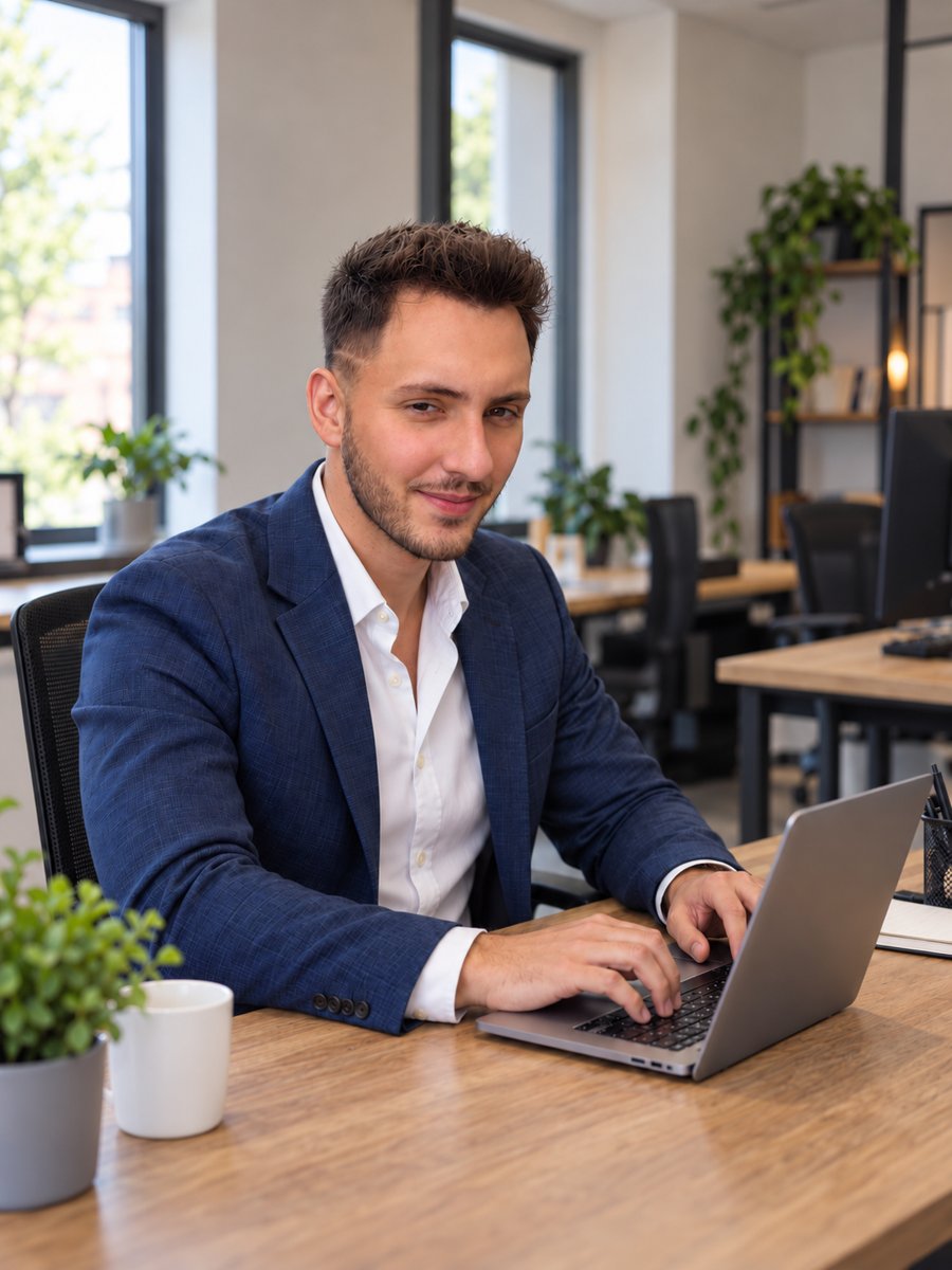 Tamás, a WeblapFactory alapítója a laptopja mögött egy irodában